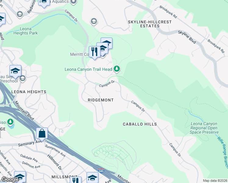 map of restaurants, bars, coffee shops, grocery stores, and more near 4616 Rockingham Court in Oakland