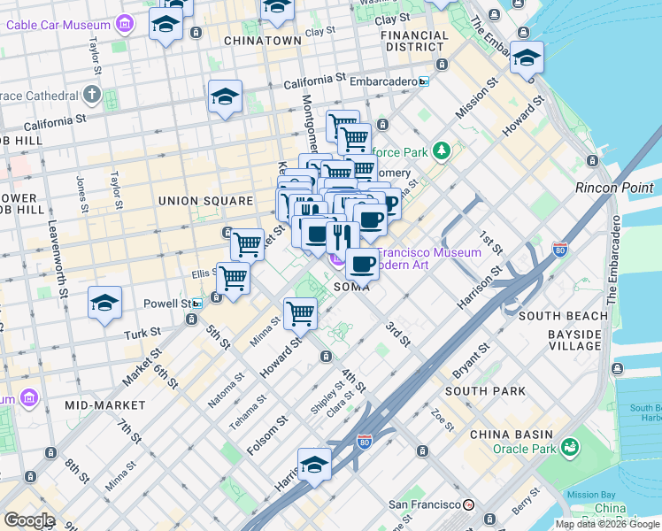 map of restaurants, bars, coffee shops, grocery stores, and more near 3rd Street & Minna Street in San Francisco