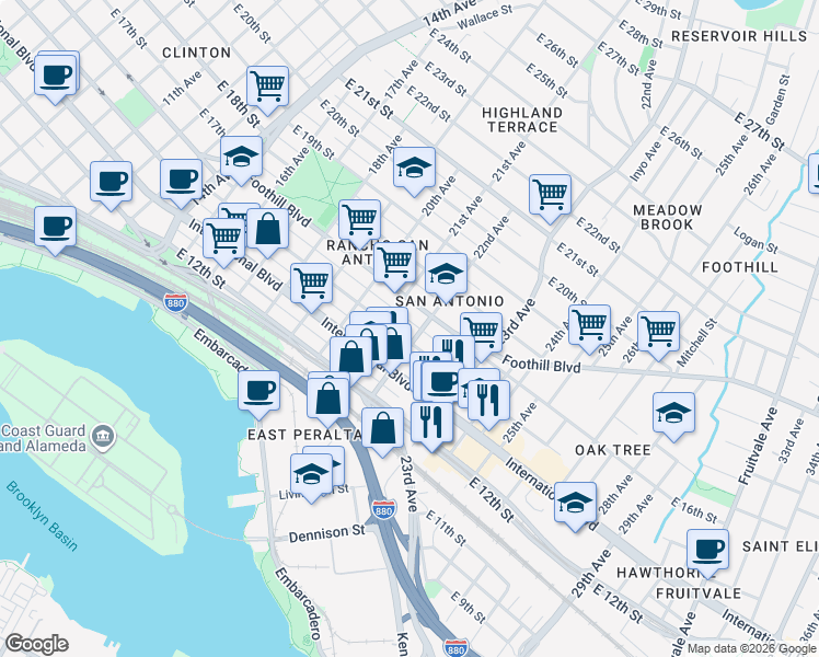 map of restaurants, bars, coffee shops, grocery stores, and more near in Oakland