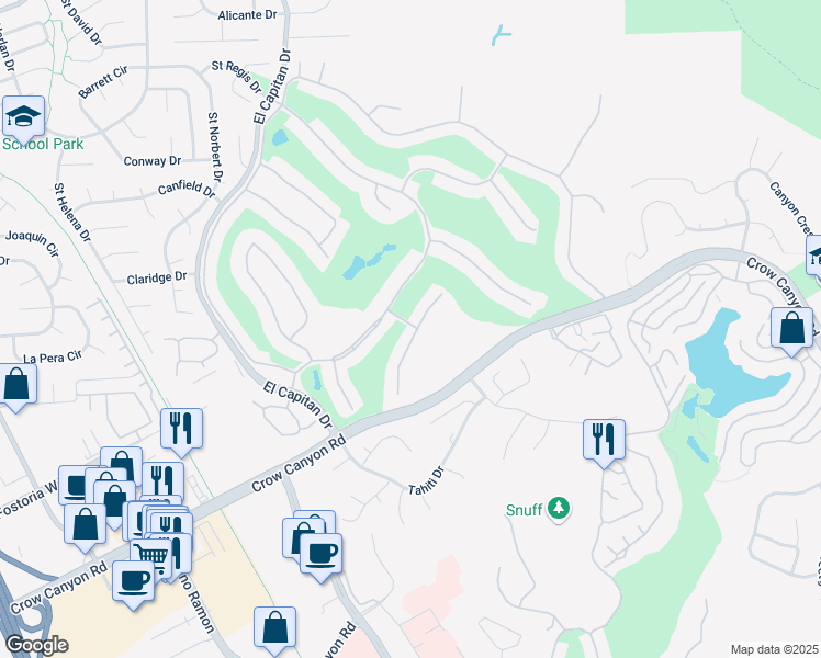 map of restaurants, bars, coffee shops, grocery stores, and more near 697 Paradise Valley Court in Danville