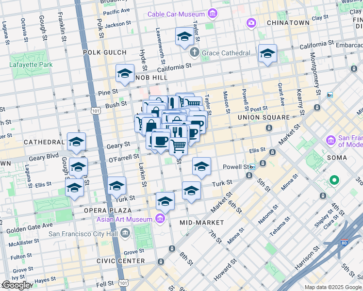 map of restaurants, bars, coffee shops, grocery stores, and more near in San Francisco