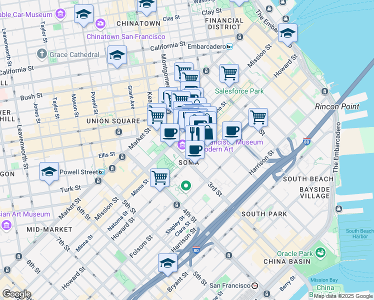 map of restaurants, bars, coffee shops, grocery stores, and more near 151 3rd Street in San Francisco