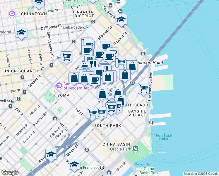 map of restaurants, bars, coffee shops, grocery stores, and more near 346 1st Street in San Francisco
