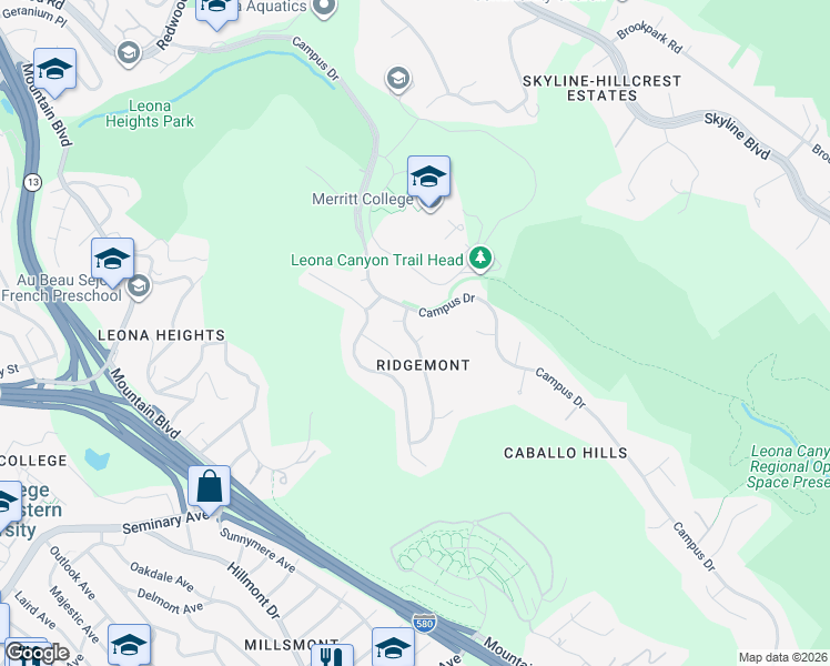 map of restaurants, bars, coffee shops, grocery stores, and more near 6102 Viewcrest Drive in Oakland