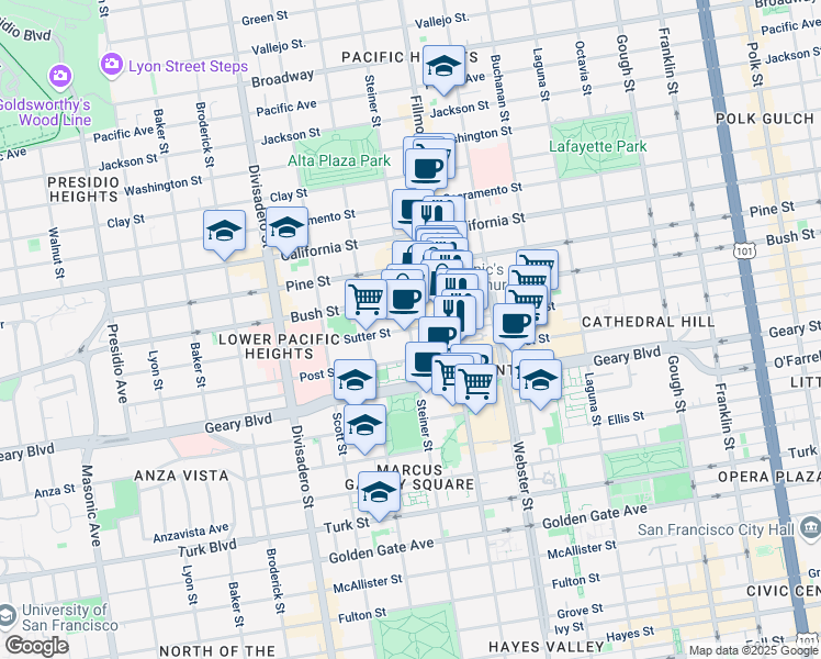 map of restaurants, bars, coffee shops, grocery stores, and more near Sutter St & Steiner St in San Francisco
