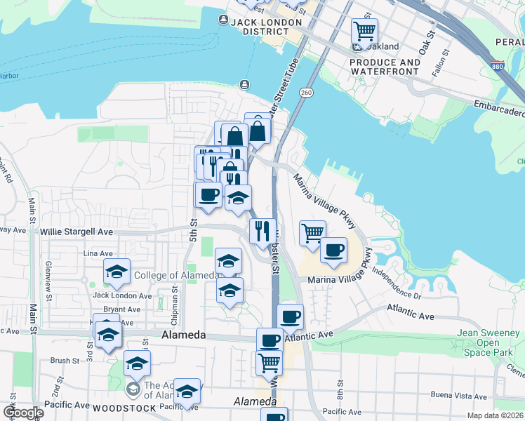 map of restaurants, bars, coffee shops, grocery stores, and more near 2470 Mariner Square Loop in Alameda