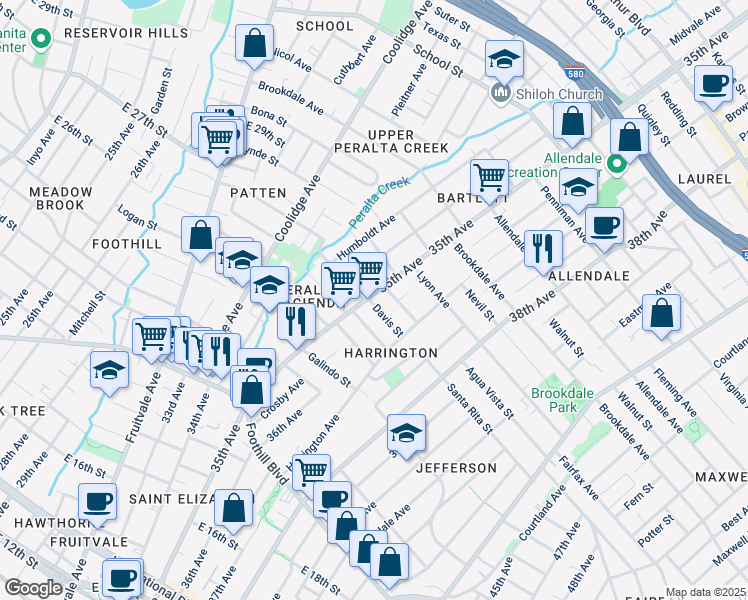 map of restaurants, bars, coffee shops, grocery stores, and more near 2316 Bartlett Street in Oakland