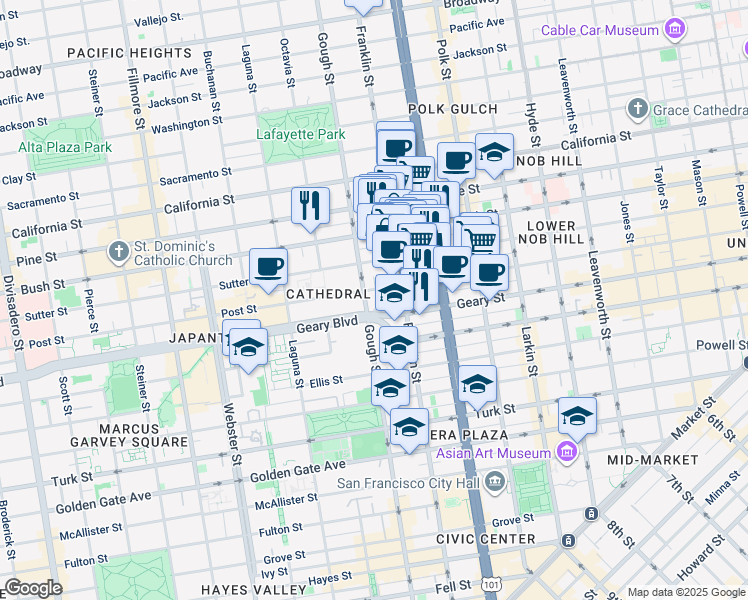 map of restaurants, bars, coffee shops, grocery stores, and more near 1302 Post Street in San Francisco