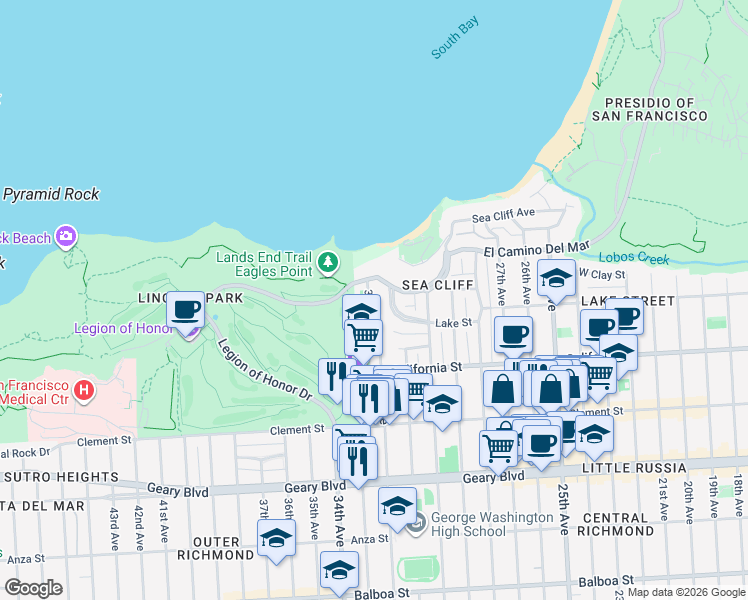 map of restaurants, bars, coffee shops, grocery stores, and more near 100 32nd Avenue in San Francisco
