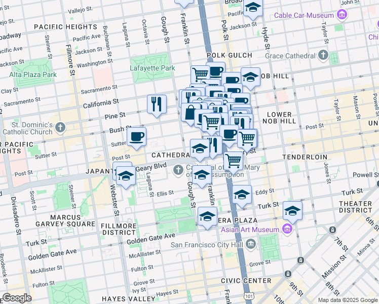 map of restaurants, bars, coffee shops, grocery stores, and more near 1399 Post Street in San Francisco