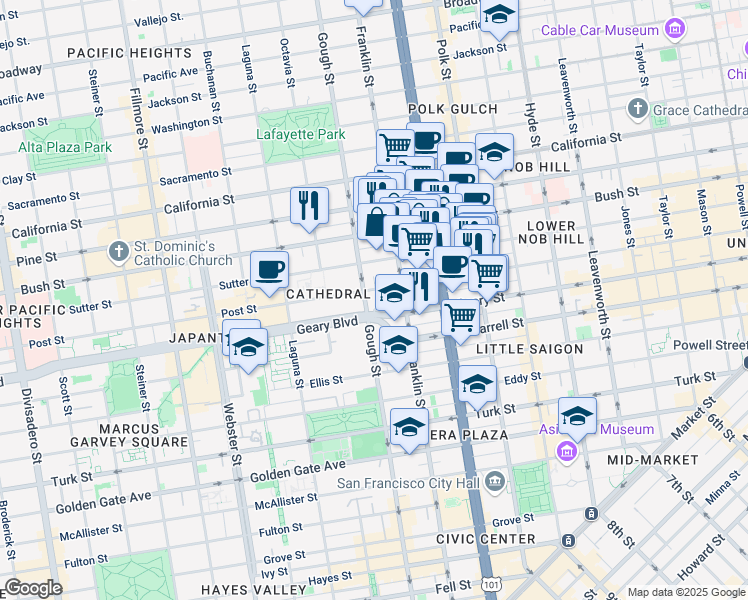 map of restaurants, bars, coffee shops, grocery stores, and more near 1388 Gough Street in San Francisco