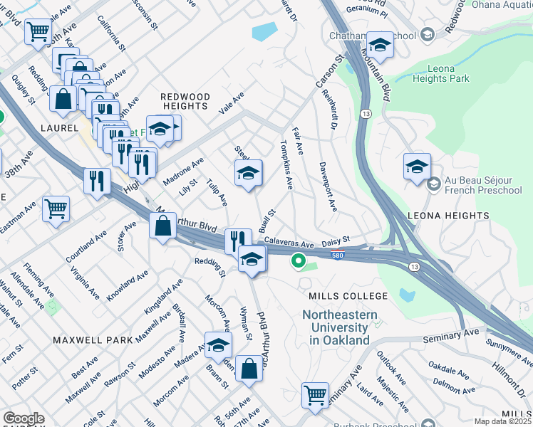 map of restaurants, bars, coffee shops, grocery stores, and more near 4616 Steele Street in Oakland