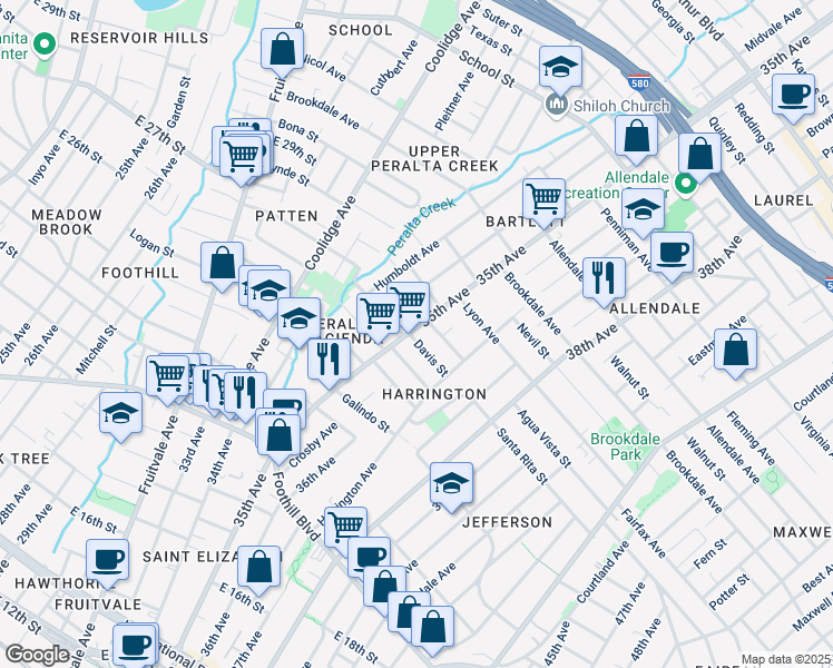 map of restaurants, bars, coffee shops, grocery stores, and more near 2316 Bartlett Street in Oakland