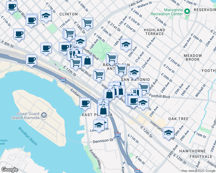 map of restaurants, bars, coffee shops, grocery stores, and more near 1947 East 15th Street in Oakland