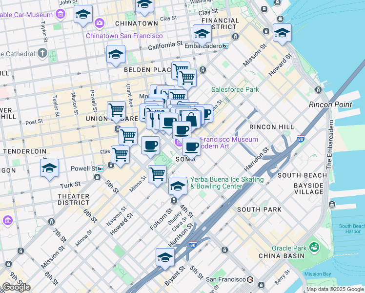map of restaurants, bars, coffee shops, grocery stores, and more near 680 Mission Street in San Francisco