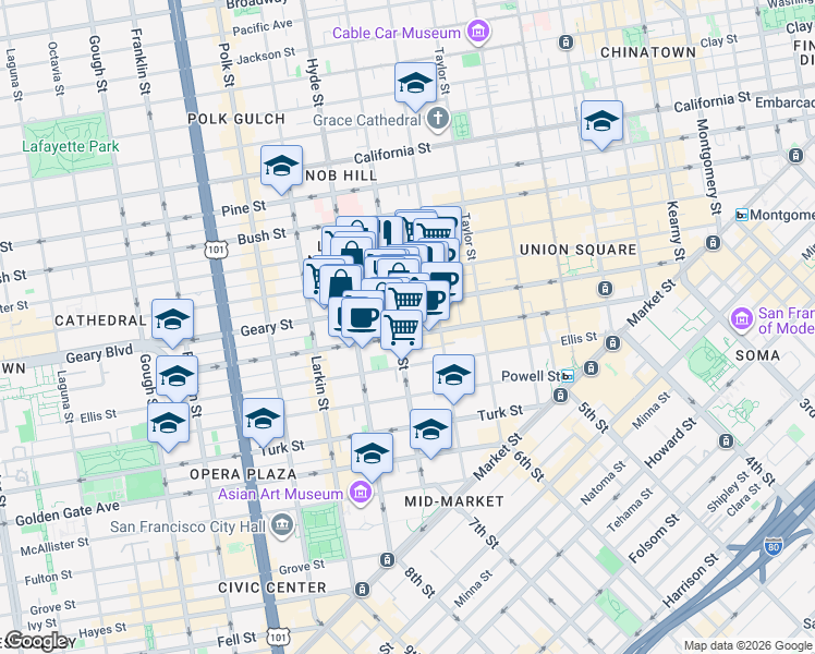 map of restaurants, bars, coffee shops, grocery stores, and more near in San Francisco