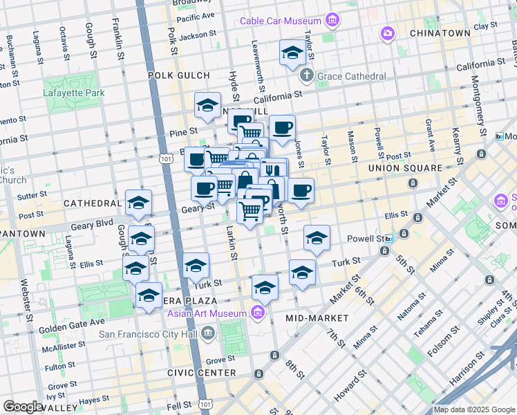 map of restaurants, bars, coffee shops, grocery stores, and more near 610 Hyde Street in San Francisco
