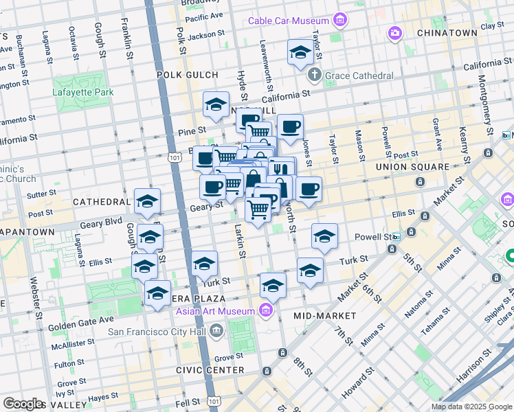 map of restaurants, bars, coffee shops, grocery stores, and more near 610 Hyde Street in San Francisco