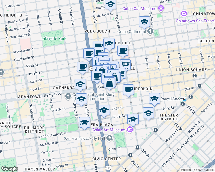 map of restaurants, bars, coffee shops, grocery stores, and more near in San Francisco
