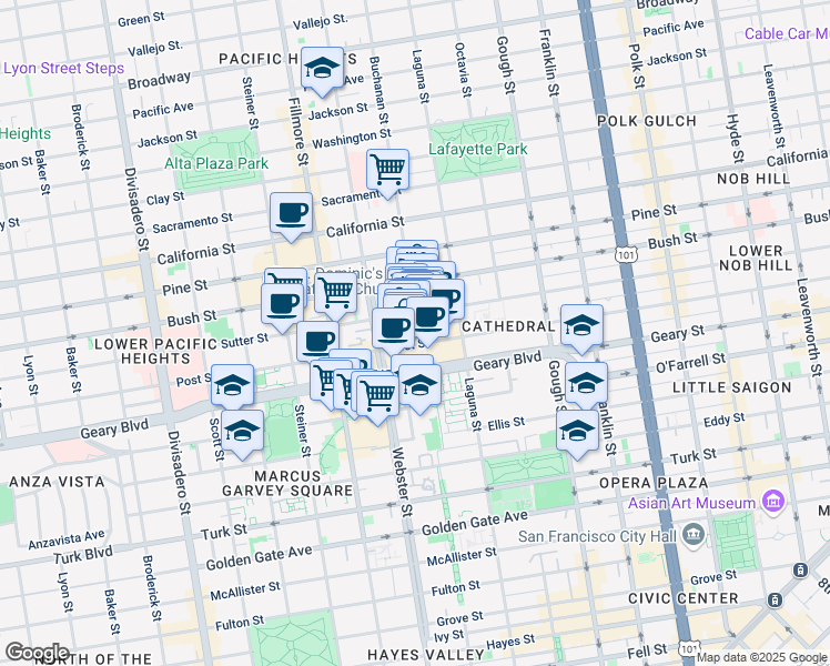 map of restaurants, bars, coffee shops, grocery stores, and more near 1795 Sutter Street in San Francisco