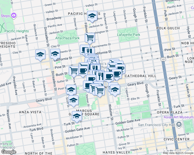 map of restaurants, bars, coffee shops, grocery stores, and more near in San Francisco