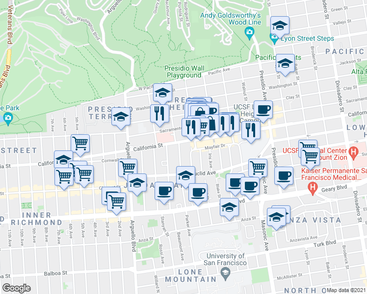 map of restaurants, bars, coffee shops, grocery stores, and more near 3624 California Street in San Francisco