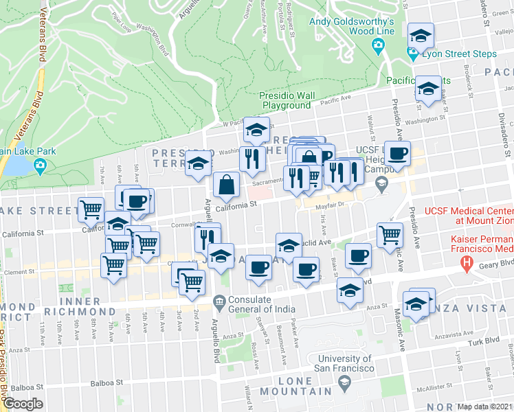 map of restaurants, bars, coffee shops, grocery stores, and more near in San Francisco