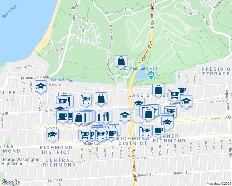 map of restaurants, bars, coffee shops, grocery stores, and more near 1434 Lake Street in San Francisco