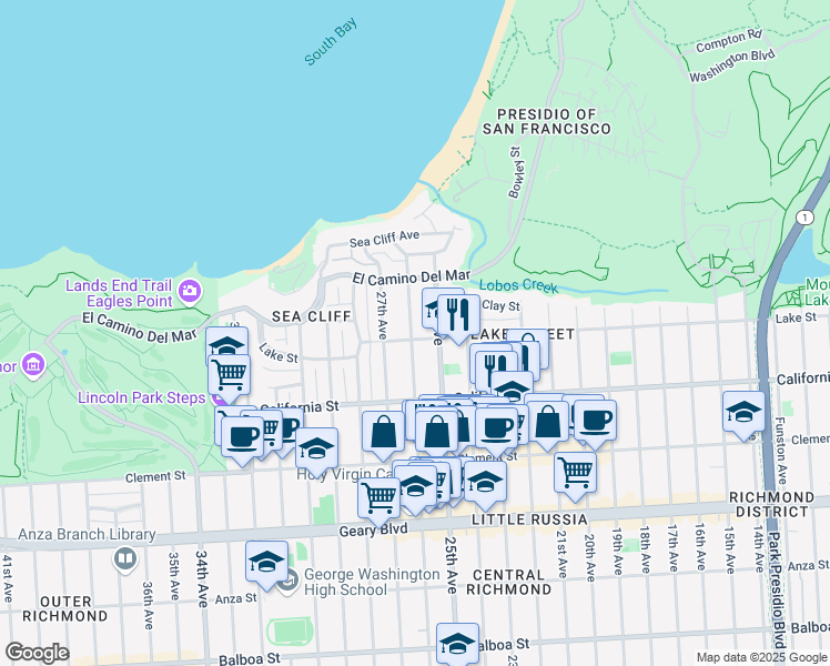map of restaurants, bars, coffee shops, grocery stores, and more near 157 25th Avenue in San Francisco
