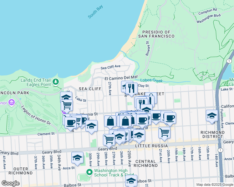map of restaurants, bars, coffee shops, grocery stores, and more near 158 27th Avenue in San Francisco
