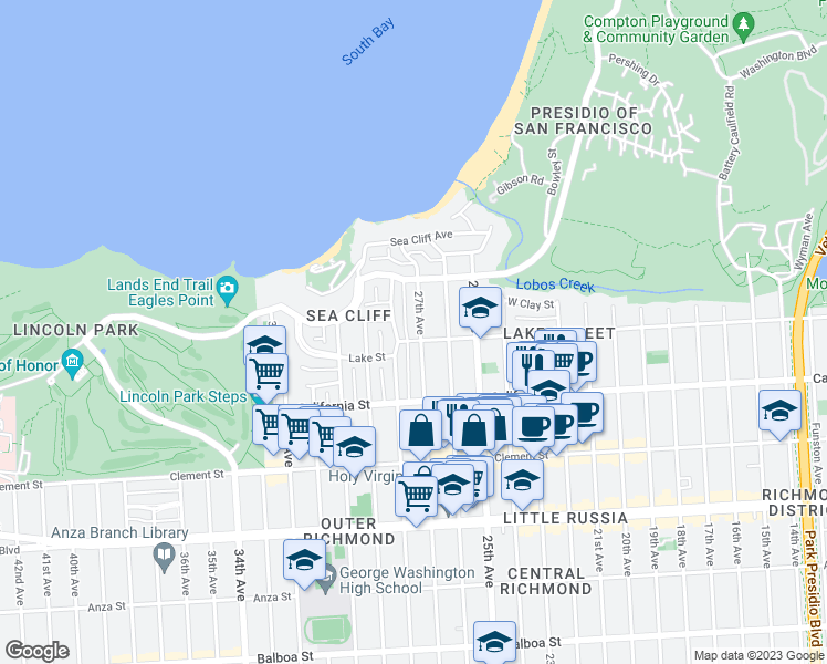 map of restaurants, bars, coffee shops, grocery stores, and more near 158 27th Avenue in San Francisco