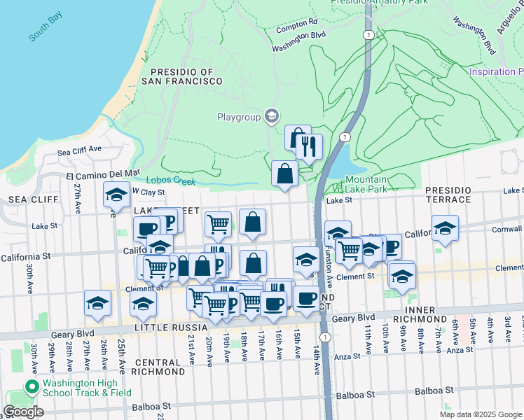 map of restaurants, bars, coffee shops, grocery stores, and more near 34 17th Avenue in San Francisco