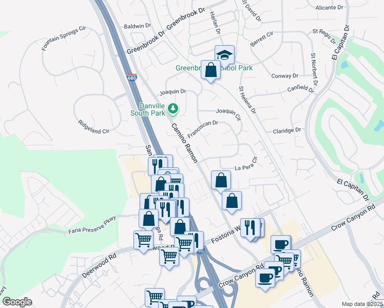 map of restaurants, bars, coffee shops, grocery stores, and more near Camino Ramon & Dubost Court in Danville