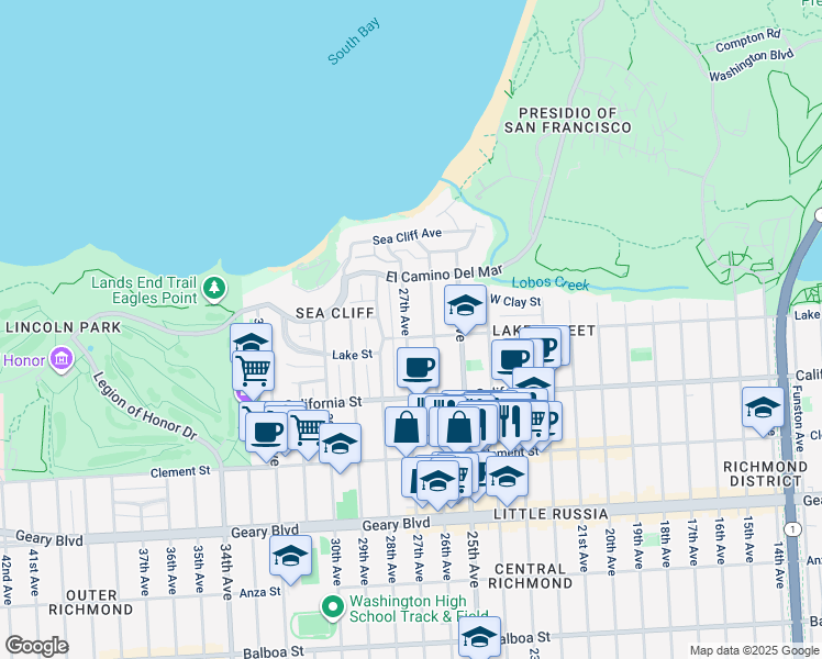 map of restaurants, bars, coffee shops, grocery stores, and more near 158 27th Avenue in San Francisco