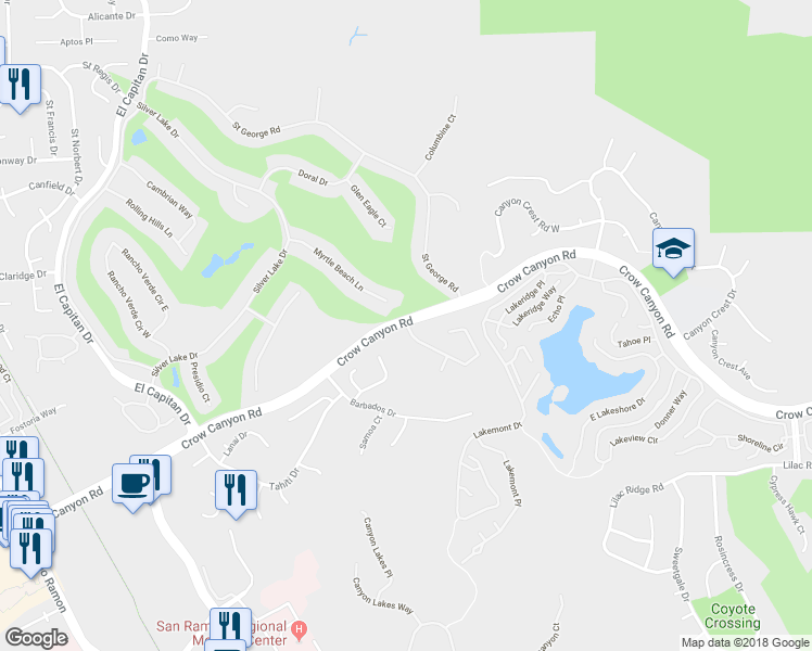 map of restaurants, bars, coffee shops, grocery stores, and more near 3749 Crow Canyon Road in San Ramon