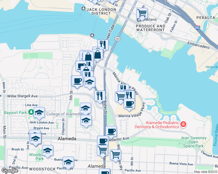 map of restaurants, bars, coffee shops, grocery stores, and more near 2238 Mariner Square Dr in Alameda