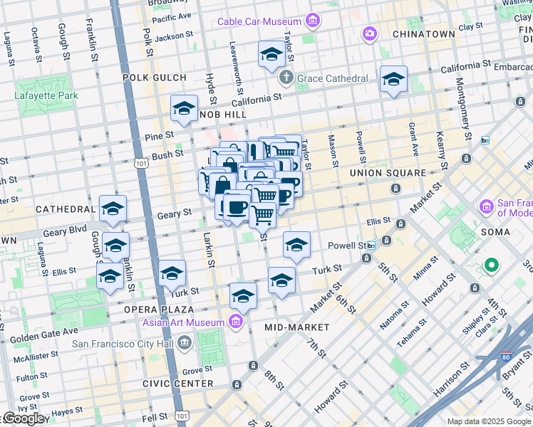 map of restaurants, bars, coffee shops, grocery stores, and more near 580 O'Farrell Street in San Francisco