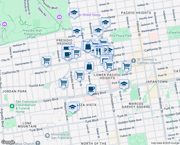 map of restaurants, bars, coffee shops, grocery stores, and more near 2788 Bush Street in San Francisco