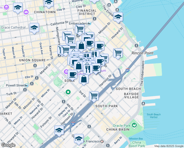 map of restaurants, bars, coffee shops, grocery stores, and more near 299 2nd Street in San Francisco