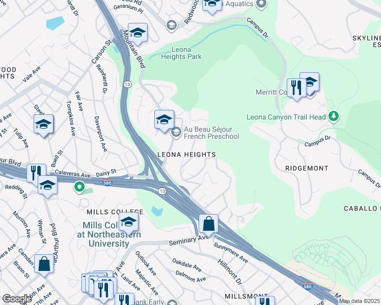 map of restaurants, bars, coffee shops, grocery stores, and more near 5425 Leona Street in Oakland