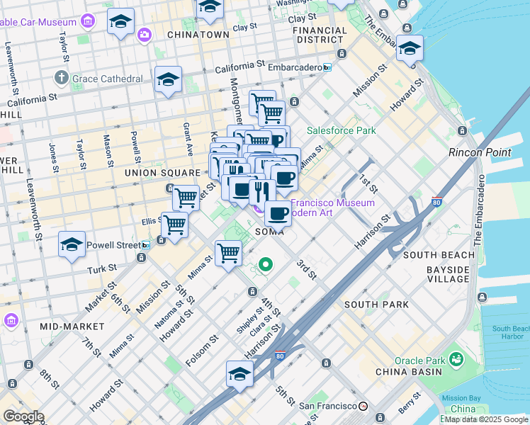 map of restaurants, bars, coffee shops, grocery stores, and more near 151 3rd Street in San Francisco