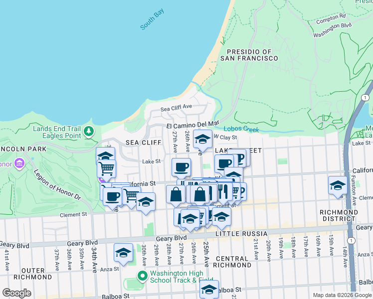 map of restaurants, bars, coffee shops, grocery stores, and more near 158 27th Avenue in San Francisco