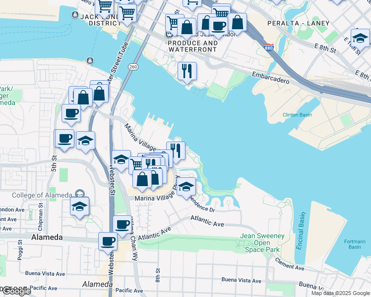 map of restaurants, bars, coffee shops, grocery stores, and more near 1084 Marina Village Pkwy in Alameda
