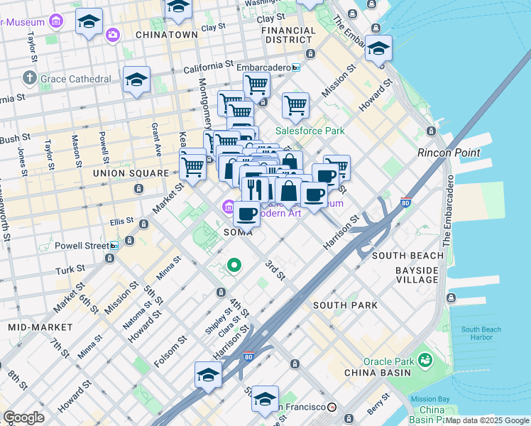 map of restaurants, bars, coffee shops, grocery stores, and more near 168 2nd Street in San Francisco