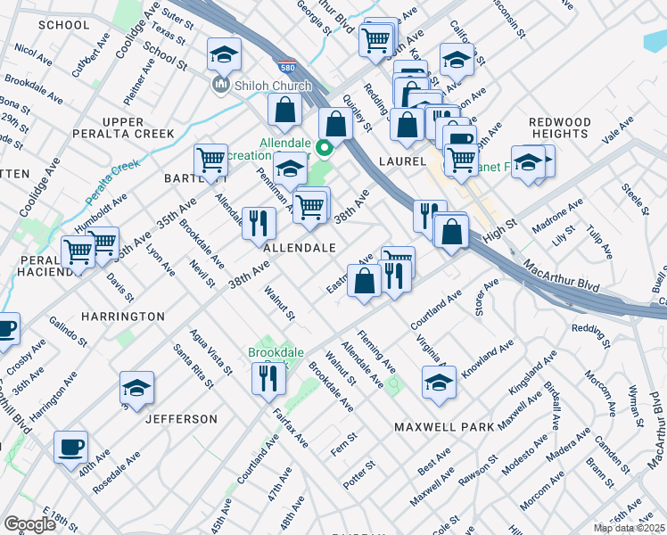map of restaurants, bars, coffee shops, grocery stores, and more near 2938 Minna Avenue in Oakland