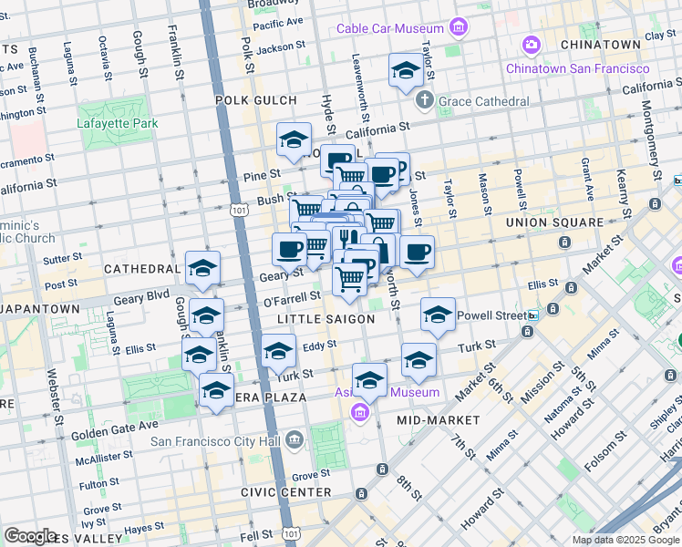 map of restaurants, bars, coffee shops, grocery stores, and more near 610 Hyde Street in San Francisco