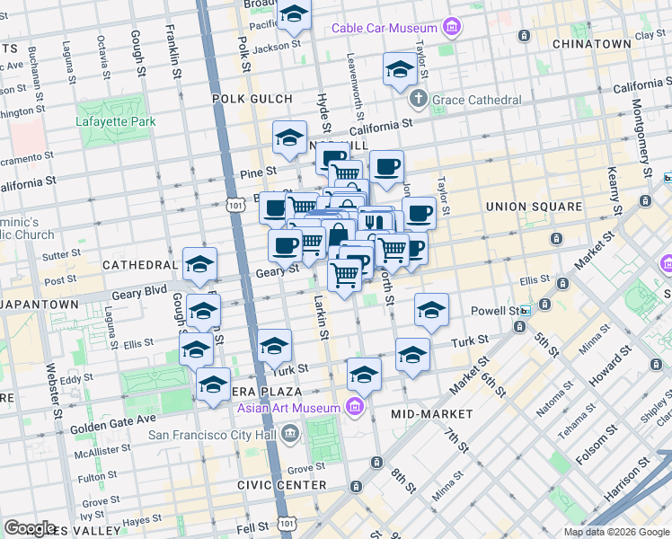 map of restaurants, bars, coffee shops, grocery stores, and more near 837 Geary Street in San Francisco
