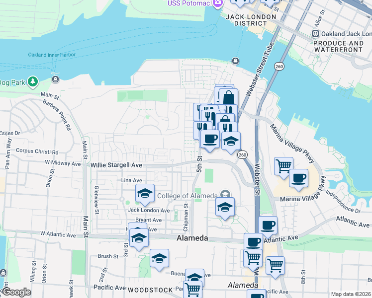 map of restaurants, bars, coffee shops, grocery stores, and more near in Alameda