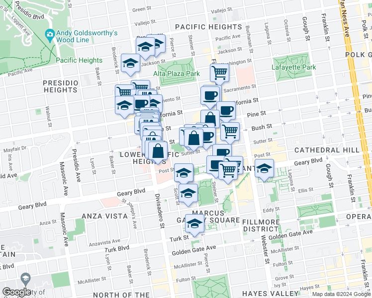 map of restaurants, bars, coffee shops, grocery stores, and more near 1715 Pierce Street in San Francisco