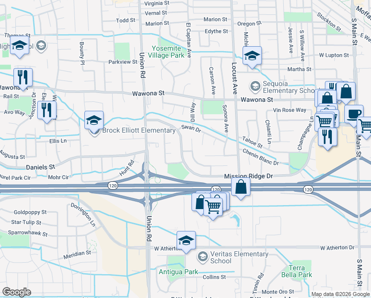 map of restaurants, bars, coffee shops, grocery stores, and more near 1076 Mission Ridge Drive in Manteca